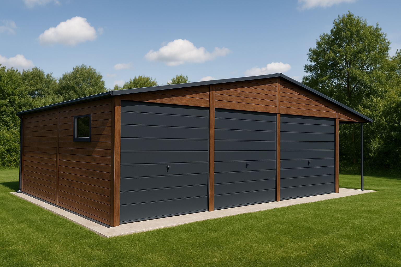 Garaż blaszany 10m x 6m, z wiatą boczną