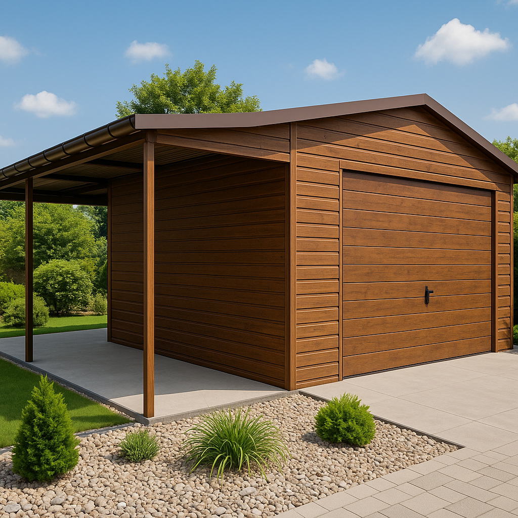 Garaż blaszany 3m x 5m z wiatą boczną